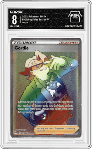 Gordie from the 2021 Pokemon SWSH set graded by Arena Club and given an overall grade of 8.