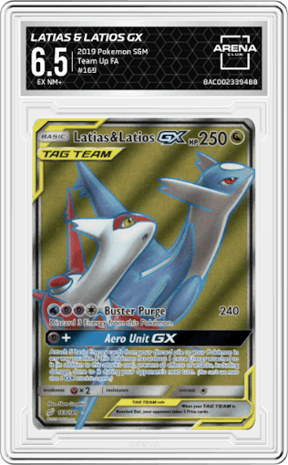 Latias & Latios GX from the 2019 Pokemon S&M  set graded by Arena Club and given an overall grade of 6.5.