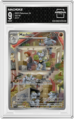 Machoke from the 2023 Pokemon SV set graded by Arena Club and given an overall grade of 9.