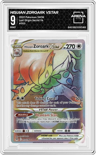 Hisuian Zoroark VSTAR from the 2022 Pokemon SWSH set graded by Arena Club and given an overall grade of 9.