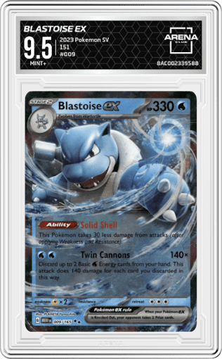 Blastoise ex from the 2023 Pokemon SV set graded by Arena Club and given an overall grade of 9.5.