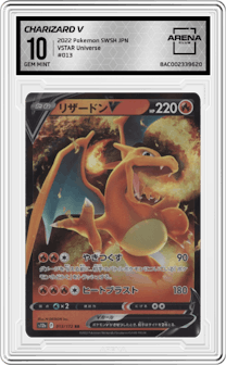Charizard V from the 2022 Pokemon SWSH JPN set graded by Arena Club and given an overall grade of 10.