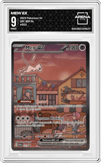 Mew EX from the 2023 Pokemon SV set featuring a Ultra Premium Collection parallel graded by Arena Club and given an overall grade of 9.