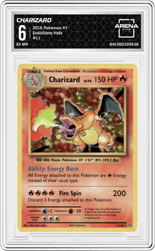 Charizard  from the 2016 Pokemon XY set graded by Arena Club and given an overall grade of 6.