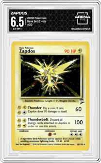 Zapdos from the 2000 Pokemon set graded by Arena Club and given an overall grade of 6.5.