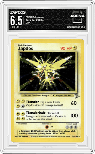 Zapdos from the 2000 Pokemon set graded by Arena Club and given an overall grade of 6.5.