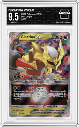 Giratina VSTAR from the 2022 Pokemon SWSH set graded by Arena Club and given an overall grade of 9.5.