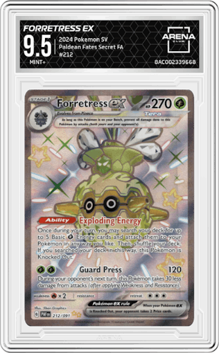 Forretress ex from the 2024 Pokemon SV set graded by Arena Club and given an overall grade of 9.5.
