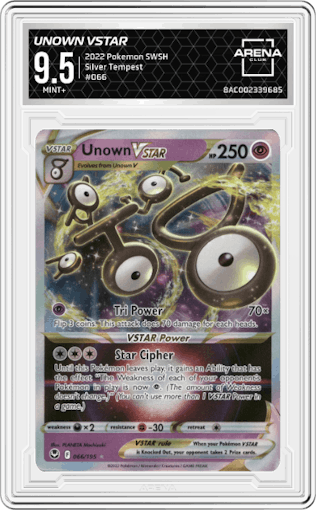Unown VSTAR from the 2022 Pokemon SWSH set graded by Arena Club and given an overall grade of 9.5.