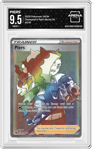 Piers from the 2020 Pokemon SWSH set graded by Arena Club and given an overall grade of 9.5.