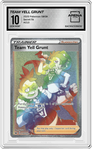 Team Yell Grunt from the 2020 Pokemon SWSH set graded by Arena Club and given an overall grade of 10.