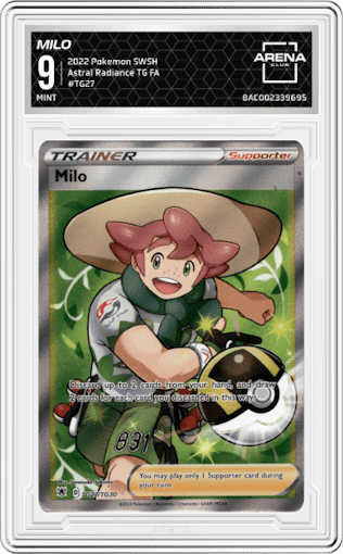 Milo from the 2022 Pokemon SWSH set graded by Arena Club and given an overall grade of 9.