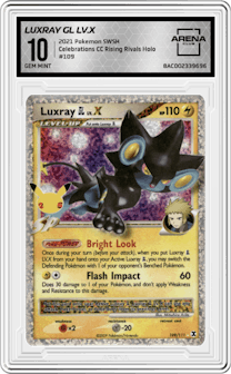 Luxray GL LV.X from the 2021 Pokemon SWSH set featuring a Rising Rivals parallel graded by Arena Club and given an overall grade of 10.