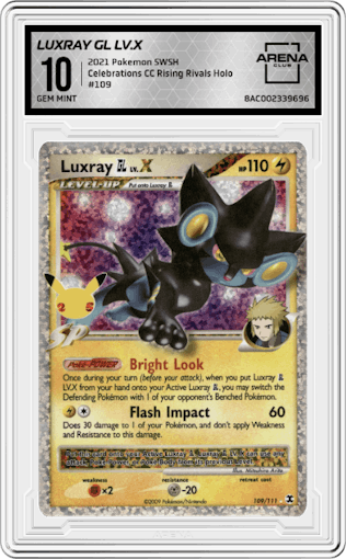 Luxray GL LV.X from the 2021 Pokemon SWSH set featuring a Rising Rivals parallel graded by Arena Club and given an overall grade of 10.