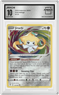 Jirachi from the 2020 Pokemon SWSH set graded by Arena Club and given an overall grade of 10.