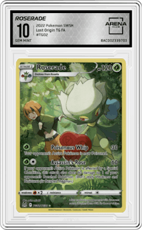 Roserade from the 2022 Pokemon SWSH set graded by Arena Club and given an overall grade of 10.