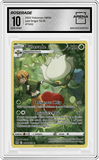 Roserade from the 2022 Pokemon SWSH set graded by Arena Club and given an overall grade of 10.