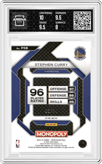 Stephen Curry from the 2023-24 Panini Prizm Monopoly set featuring a Green parallel graded by Arena Club and given an overall grade of 8.5.