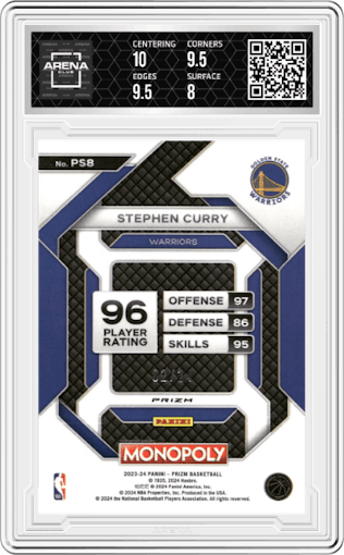 Stephen Curry from the 2023-24 Panini Prizm Monopoly set featuring a Green parallel graded by Arena Club and given an overall grade of 8.5.