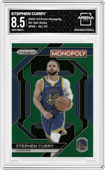 Stephen Curry from the 2023-24 Panini Prizm Monopoly set featuring a Green parallel graded by Arena Club and given an overall grade of 8.5.