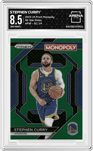 Stephen Curry from the 2023-24 Panini Prizm Monopoly set featuring a Green parallel graded by Arena Club and given an overall grade of 8.5.