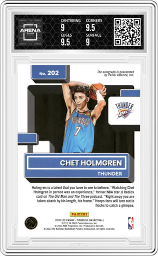 Chet Holmgren from the 2022-23 Panini Donruss set graded by Arena Club and given an overall grade of 9.5.