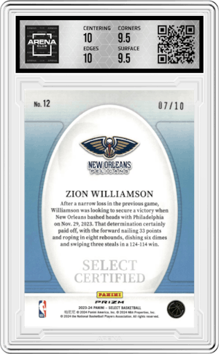  Zion Williamson from the 2023-24 Panini Select  set featuring a Gold Prizm parallel graded by Arena Club and given an overall grade of 10.