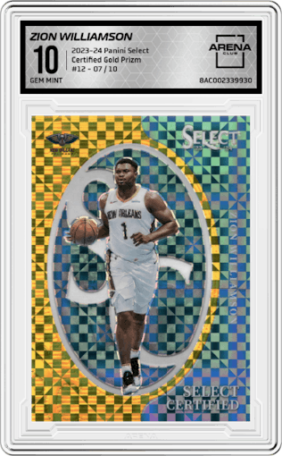  Zion Williamson from the 2023-24 Panini Select  set featuring a Gold Prizm parallel graded by Arena Club and given an overall grade of 10.