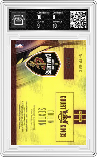 Collin Sexton from the 2018-19 Panini Court Kings  set featuring a Ruby parallel graded by Arena Club and given an overall grade of 8.5.