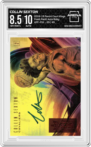 Collin Sexton from the 2018-19 Panini Court Kings  set featuring a Ruby parallel graded by Arena Club and given an overall grade of 8.5.