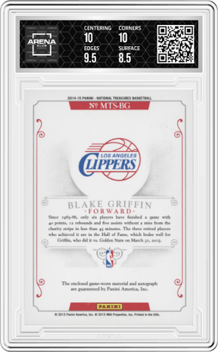 Blake Griffin from the 2014-15 Panini National Treasures set featuring a Prime parallel graded by Arena Club and given an overall grade of 9.