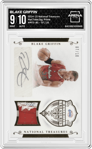 Blake Griffin from the 2014-15 Panini National Treasures set featuring a Prime parallel graded by Arena Club and given an overall grade of 9.