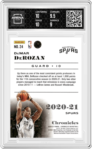DeMar DeRozan from the 2020-21 Panini Chronicles set featuring a Platinum parallel graded by Arena Club and given an overall grade of 9.5.