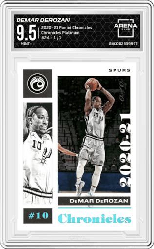 DeMar DeRozan from the 2020-21 Panini Chronicles set featuring a Platinum parallel graded by Arena Club and given an overall grade of 9.5.