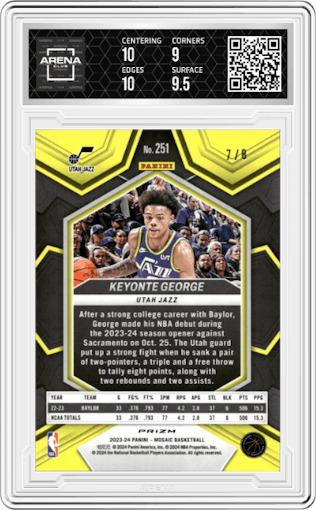 Keyonte George from the 2023-24 Panini Mosaic set featuring a Choice Black Gold parallel graded by Arena Club and given an overall grade of 9.5.