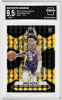 Keyonte George from the 2023-24 Panini Mosaic set featuring a Choice Black Gold parallel graded by Arena Club and given an overall grade of 9.5.