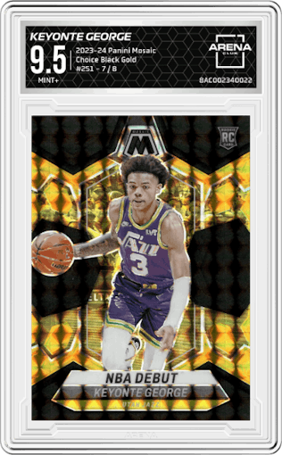 Keyonte George from the 2023-24 Panini Mosaic set featuring a Choice Black Gold parallel graded by Arena Club and given an overall grade of 9.5.