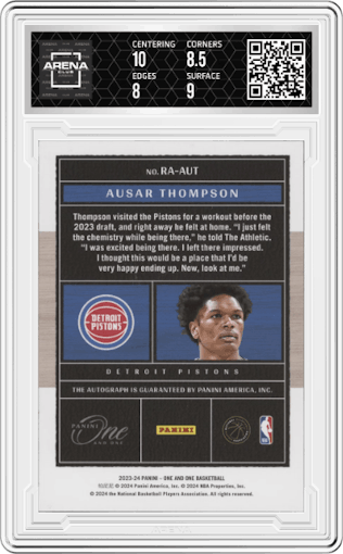 Ausar Thompson from the 2023-24 Panini One and One set featuring a Green parallel graded by Arena Club and given an overall grade of 8.5.