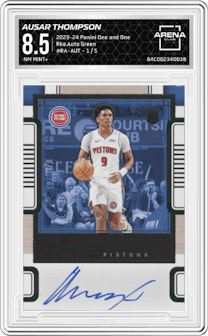 Ausar Thompson from the 2023-24 Panini One and One set featuring a Green parallel graded by Arena Club and given an overall grade of 8.5.
