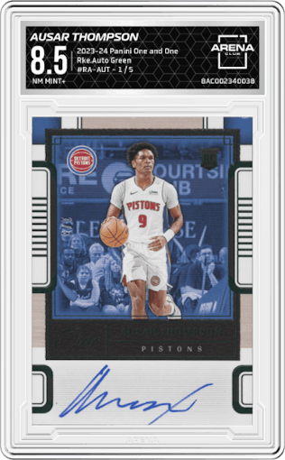 Ausar Thompson from the 2023-24 Panini One and One set featuring a Green parallel graded by Arena Club and given an overall grade of 8.5.