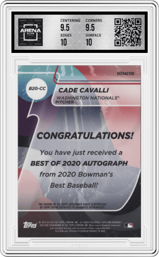 Cade Cavalli from the 2020 Bowman’s Best set featuring a Refractor parallel graded by Arena Club and given an overall grade of 10.