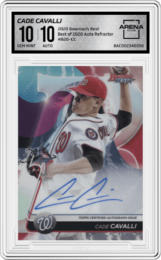 Cade Cavalli from the 2020 Bowman’s Best set featuring a Refractor parallel graded by Arena Club and given an overall grade of 10.