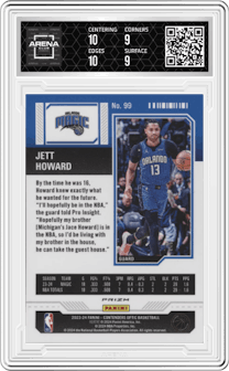 Jett Howard from the 2023-24 Panini Contenders Optic set featuring a Black FOTL parallel graded by Arena Club and given an overall grade of 9.5.