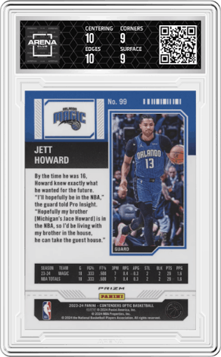 Jett Howard from the 2023-24 Panini Contenders Optic set featuring a Black FOTL parallel graded by Arena Club and given an overall grade of 9.5.