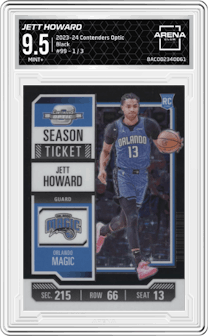 Jett Howard from the 2023-24 Panini Contenders Optic set featuring a Black FOTL parallel graded by Arena Club and given an overall grade of 9.5.