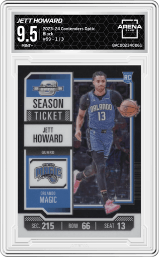 Jett Howard from the 2023-24 Panini Contenders Optic set featuring a Black FOTL parallel graded by Arena Club and given an overall grade of 9.5.