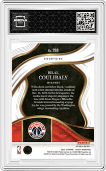 Bilal Coulibaly from the 2023-24 Panini Select  set featuring a Neon Purple Pulsar Prizms FOTL parallel graded by Arena Club.