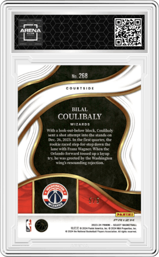 Bilal Coulibaly from the 2023-24 Panini Select  set featuring a Neon Purple Pulsar Prizms FOTL parallel graded by Arena Club.