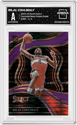 Bilal Coulibaly from the 2023-24 Panini Select  set featuring a Neon Purple Pulsar Prizms FOTL parallel graded by Arena Club.