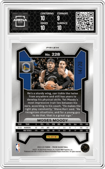 Moses Moody from the 2023-24 Panini Prizm set featuring a Choice Cherry Blossom parallel graded by Arena Club and given an overall grade of 9.5.